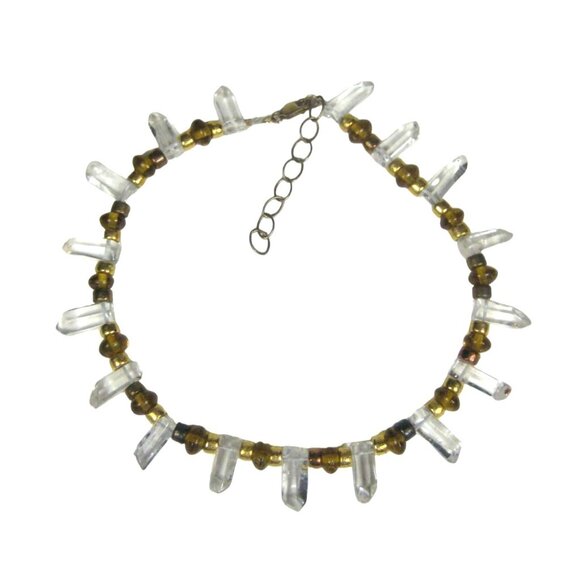 Crystal Stone Beaded Necklace 16 Inch Choker Collar Goldtone Strand Glass FLAW - Picture 2 of 9